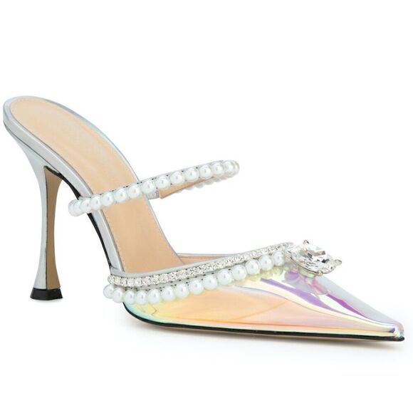 Mach & Mach 100 Iridescent Diamond  Pearl Embellished PVC Mules Silver Clear 35 - Picture 1 of 9